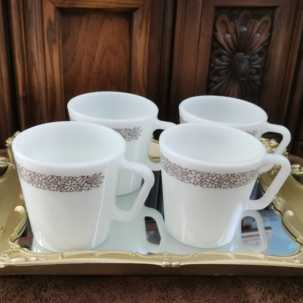 Vintage Pyrex MCM Woodland Milk Glass Coffee Mugs Set Of 4